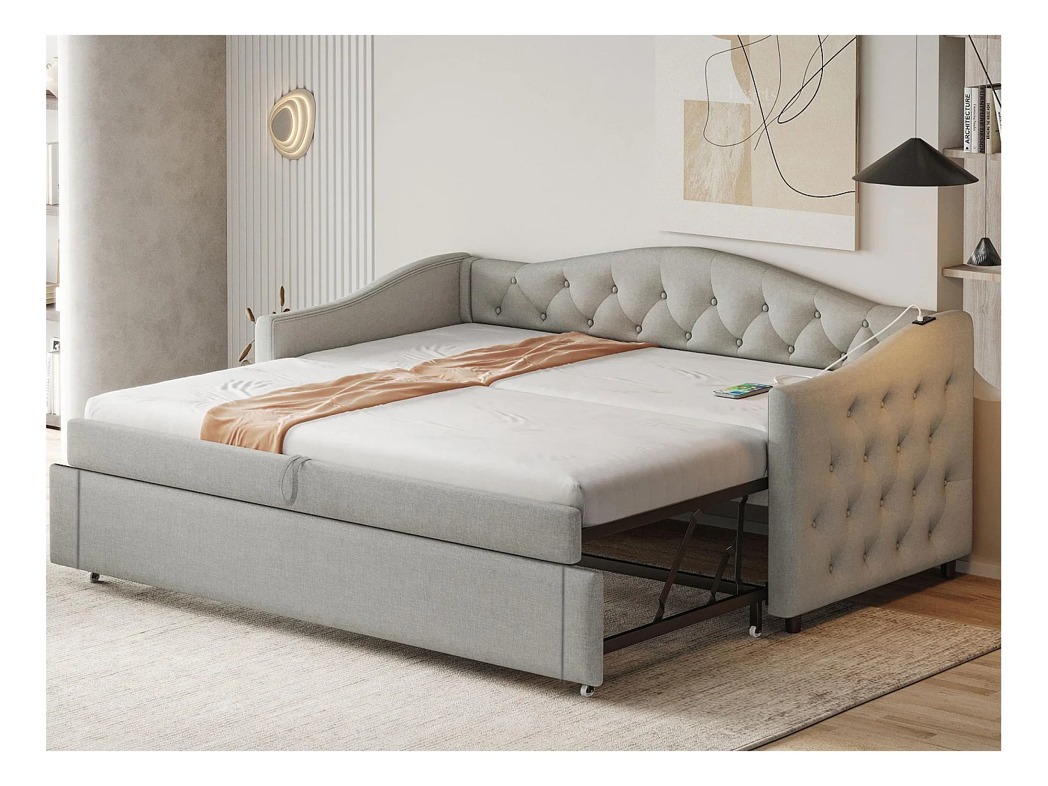 Ausziehbares Leinenbett 90 x 200 cm und 90 x 190 cm – mit USB-Anschluss und Lattenrost – Grau
