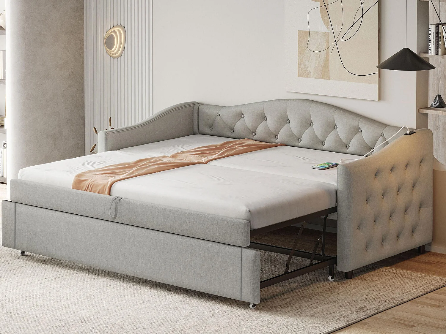 Cama com gavetas em linho 90x200cm e 90x190cm - com porta USB e base de ripas - Cinza