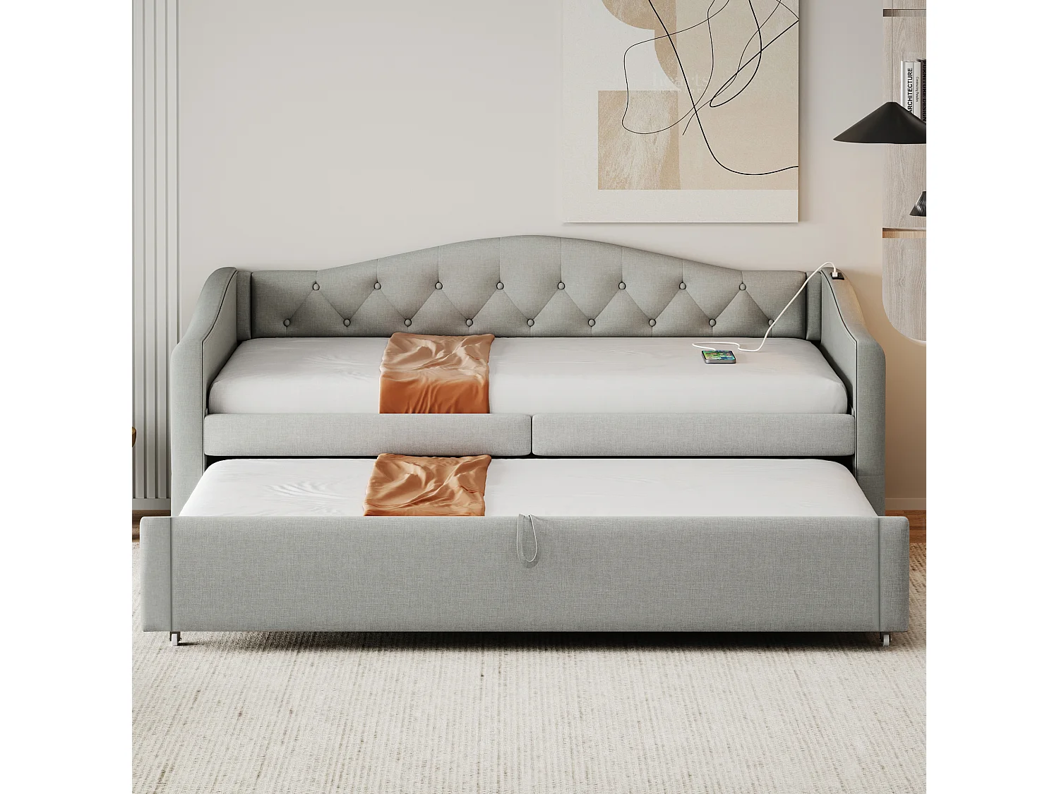 Cama com gavetas em linho 90x200cm e 90x190cm - com porta USB e base de ripas - Cinza