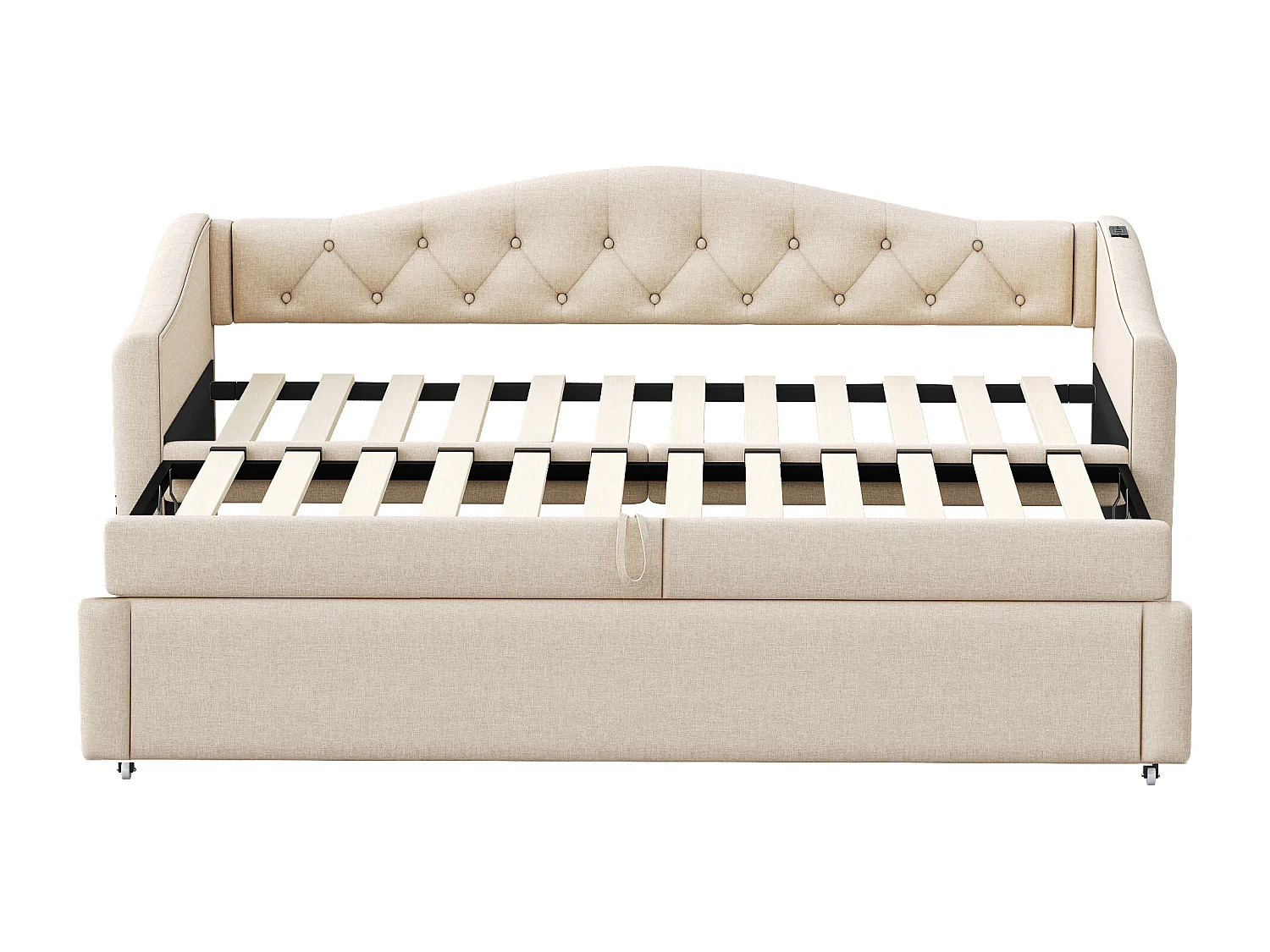 Lit gigogne 90x200cm & 90x190cm en lin - avec port USB et sommier à lattes - Beige