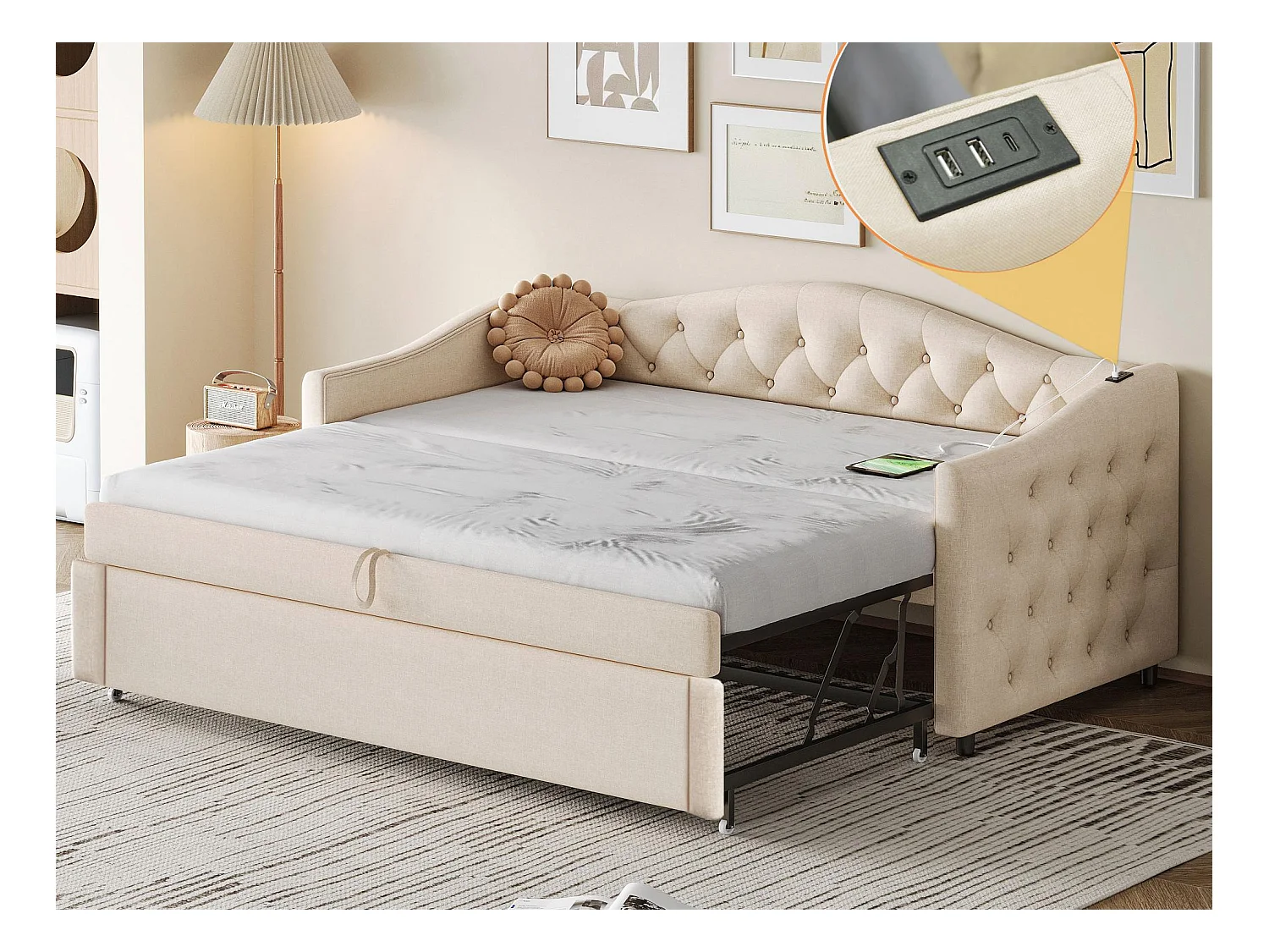 Lit gigogne 90x200cm & 90x190cm en lin - avec port USB et sommier à lattes - Beige