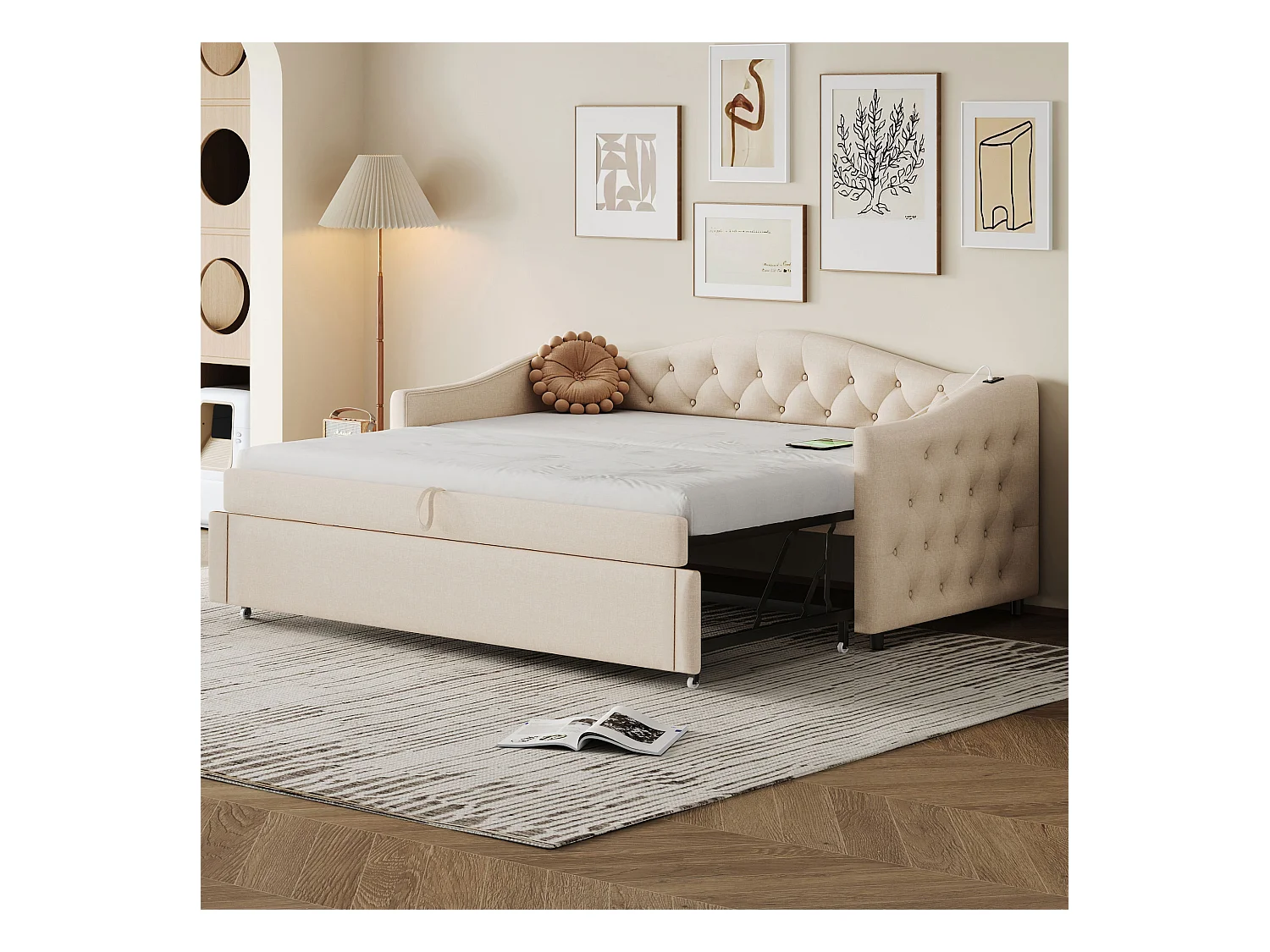 Łóżko piętrowe 90x200cm i 90x190cm z lnu - z portem USB i stelażem na listwy - Beżowe