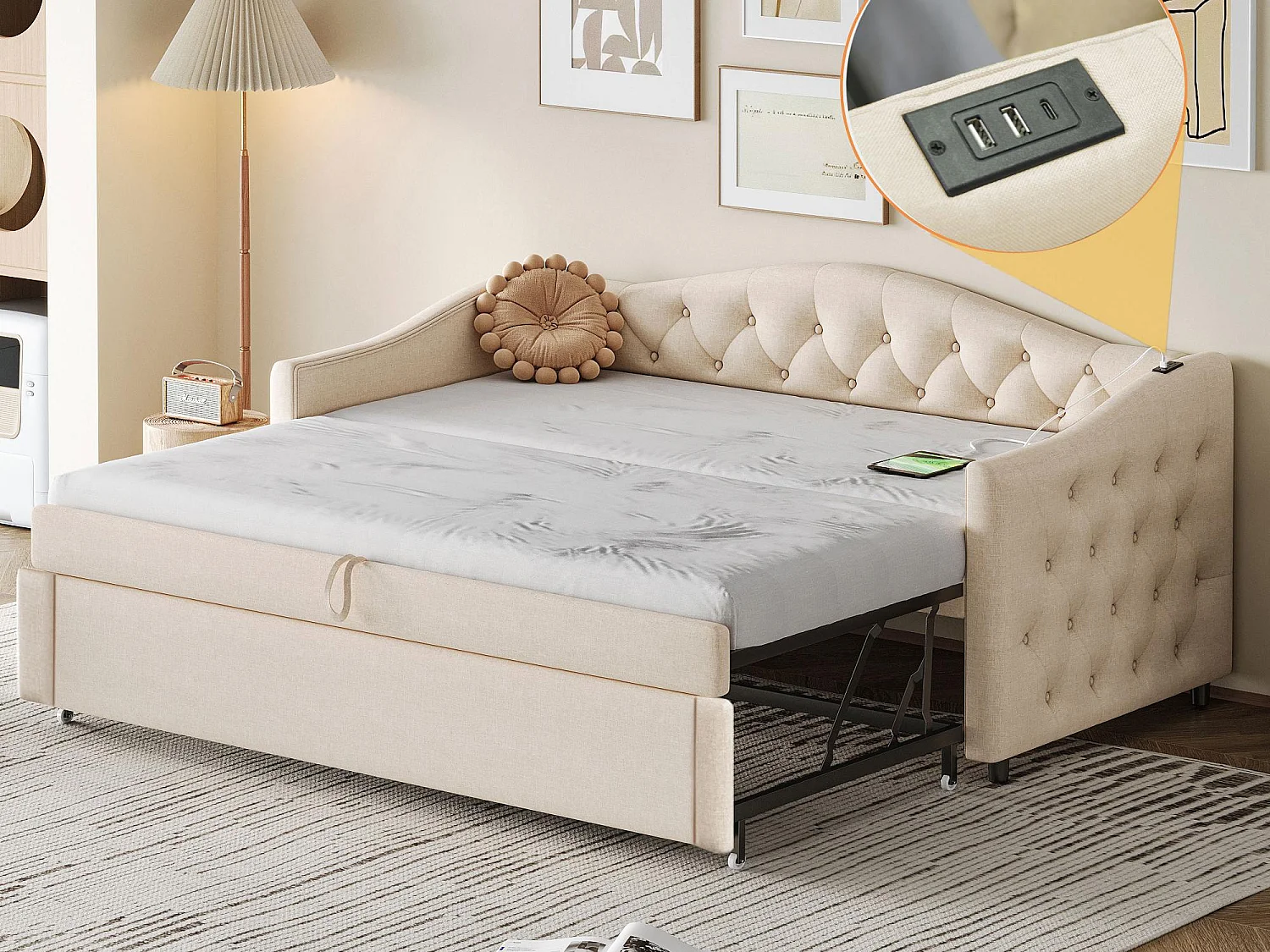 Linnen onderschuifbed 90x200cm & 90x190cm - met USB poort en lattenbodem - Beige