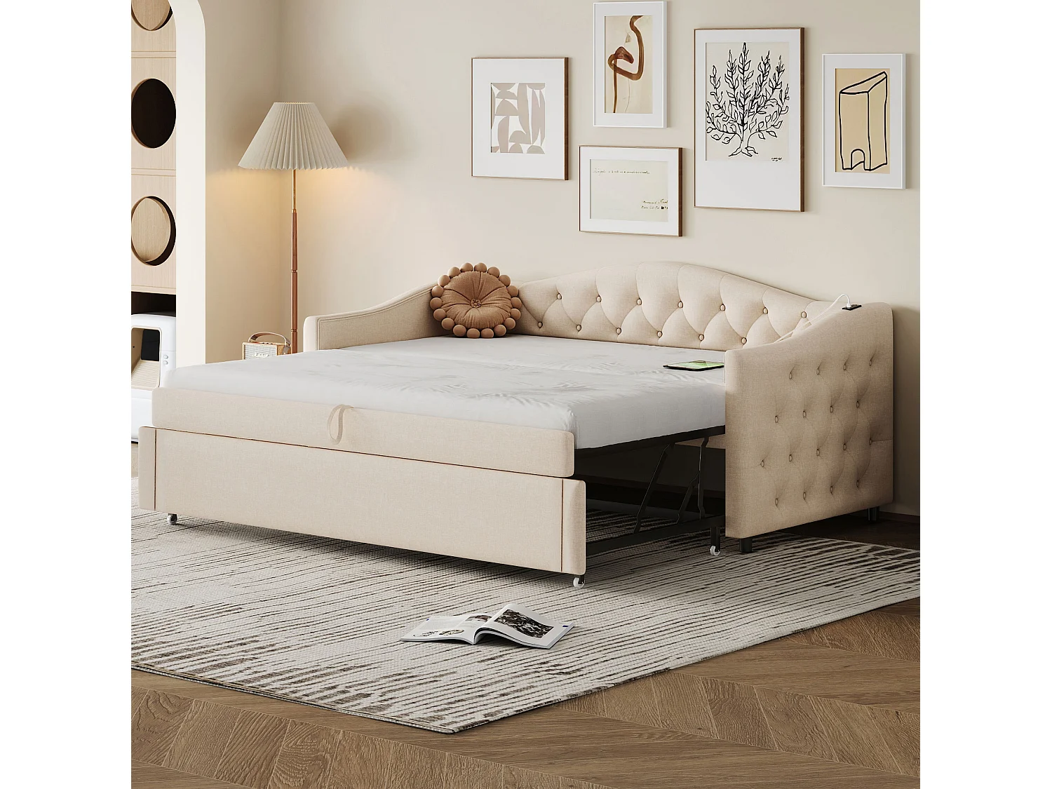 Linnen onderschuifbed 90x200cm & 90x190cm - met USB poort en lattenbodem - Beige