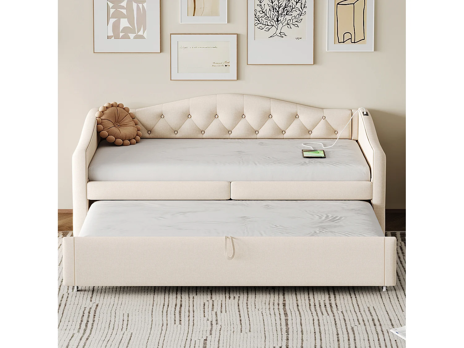 Linnen onderschuifbed 90x200cm & 90x190cm - met USB poort en lattenbodem - Beige