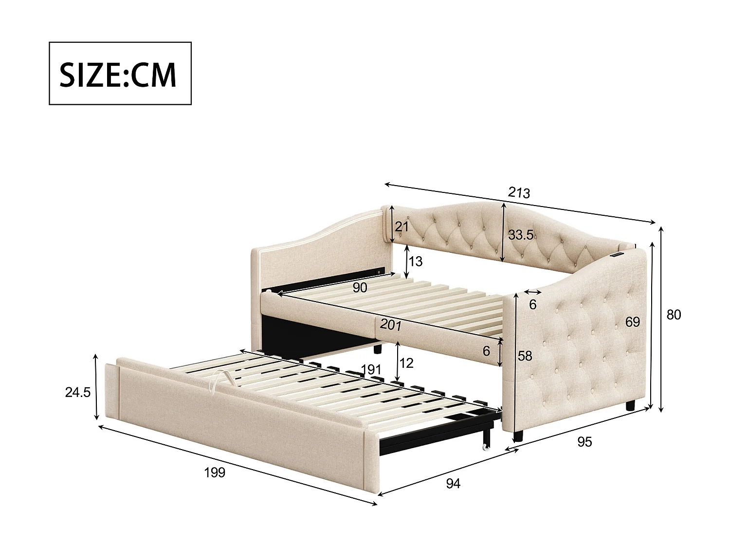 Linnen onderschuifbed 90x200cm & 90x190cm - met USB poort en lattenbodem - Beige