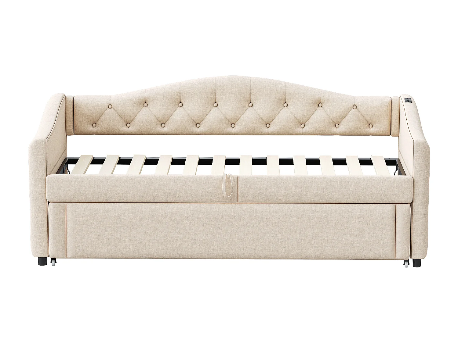 Linnen onderschuifbed 90x200cm & 90x190cm - met USB poort en lattenbodem - Beige