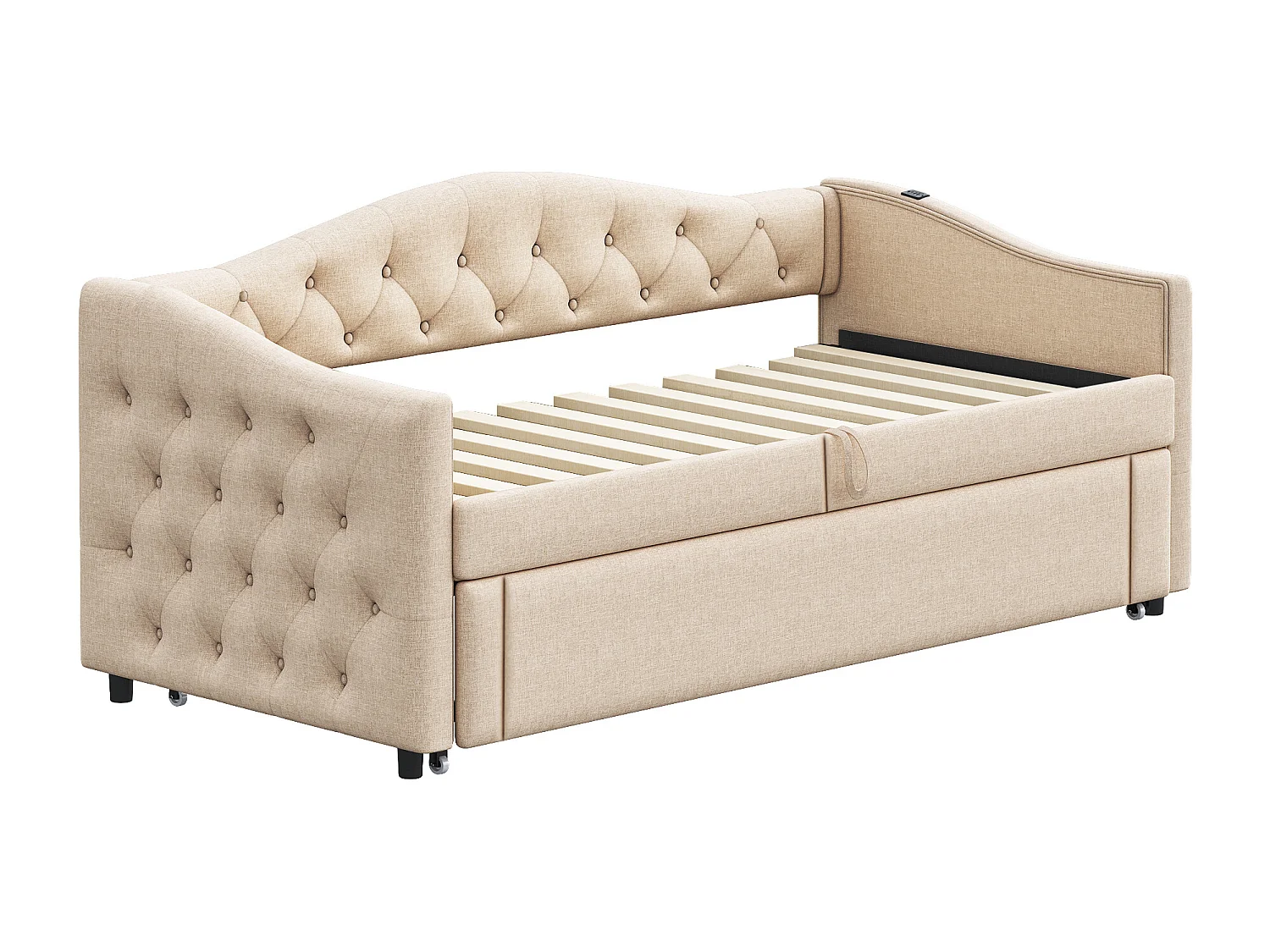 Linnen onderschuifbed 90x200cm & 90x190cm - met USB poort en lattenbodem - Beige