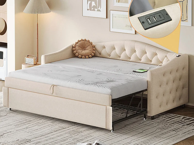 Letto estraibile in lino 90x200 cm e 90x190 cm - con porta USB e rete a doghe - Beige