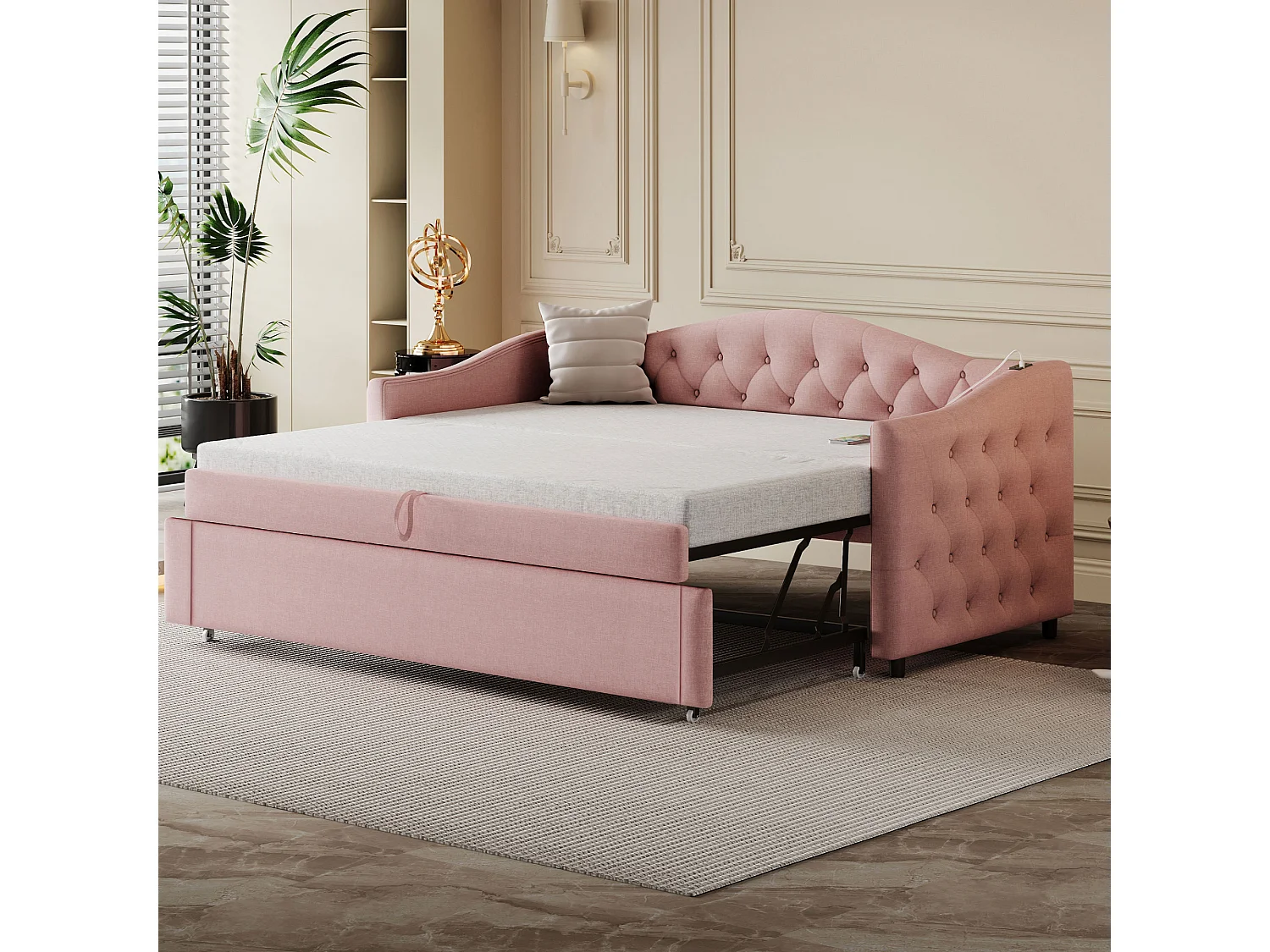 Lit gigogne 90x200cm & 90x190cm en lin - avec port USB et sommier à lattes - Rose