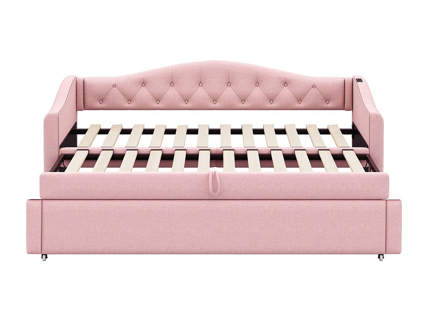 Lit gigogne 90x200cm & 90x190cm en lin - avec port USB et sommier à lattes - Rose