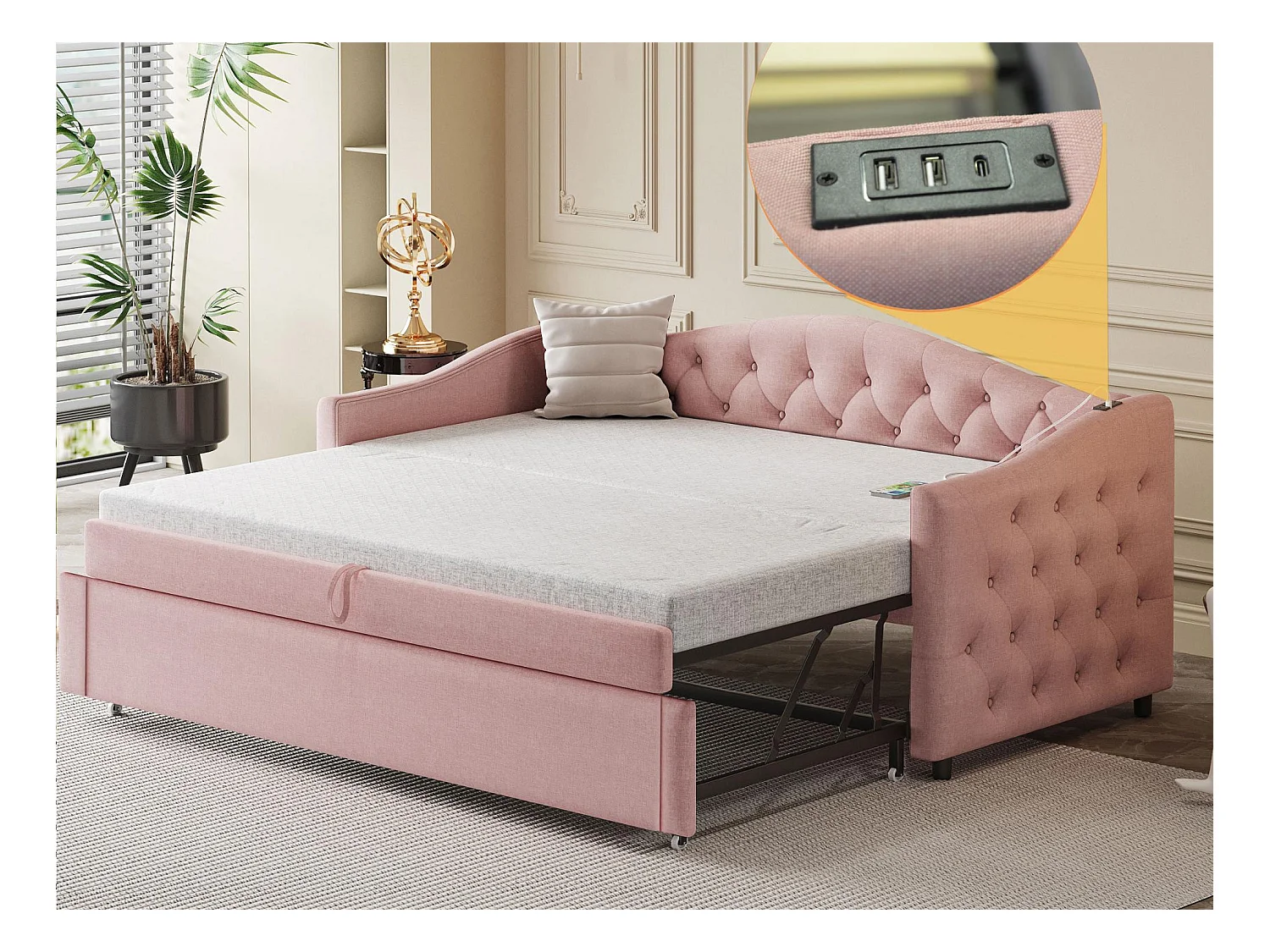 Lit gigogne 90x200cm & 90x190cm en lin - avec port USB et sommier à lattes - Rose