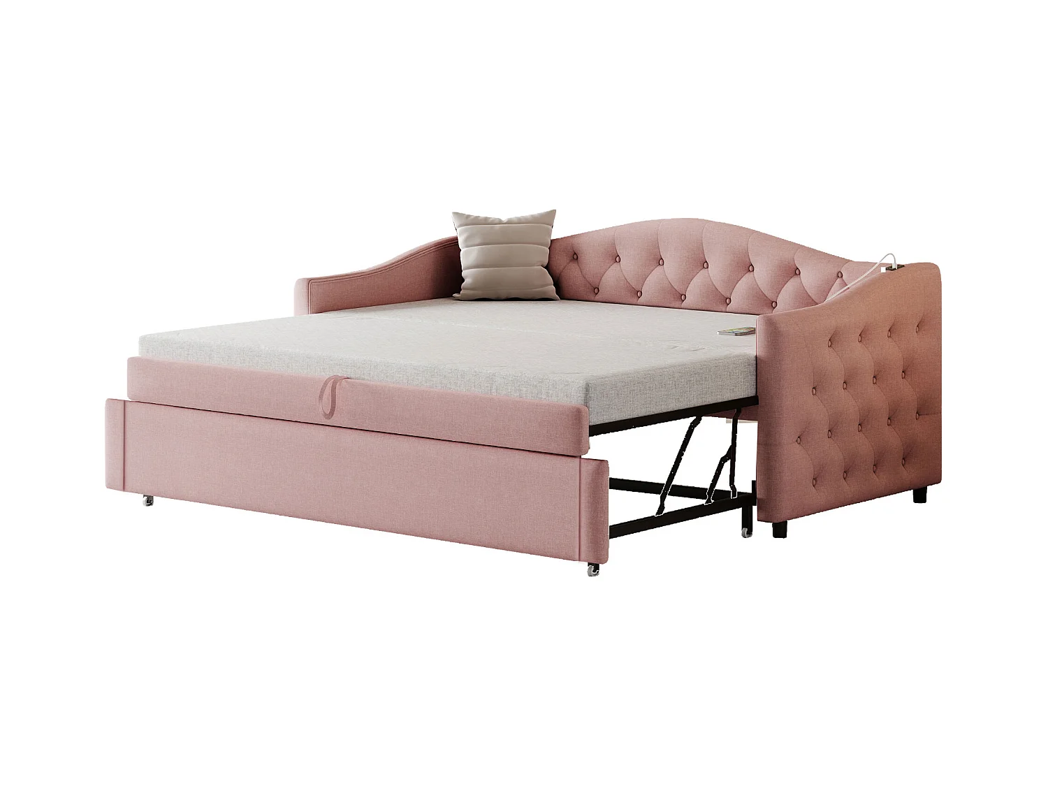 Cama nido de lino 90x200 cm y 90x190 cm - con puerto USB y somier - Rosa
