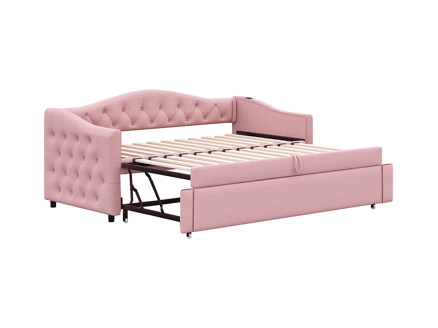 Cama nido de lino 90x200 cm y 90x190 cm - con puerto USB y somier - Rosa