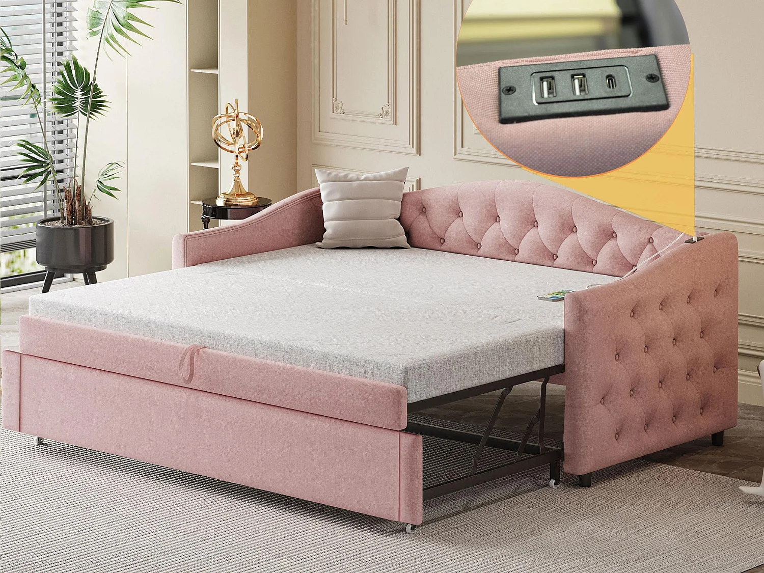 Linnen onderschuifbed 90x200cm & 90x190cm - met USB poort en lattenbodem - Roze