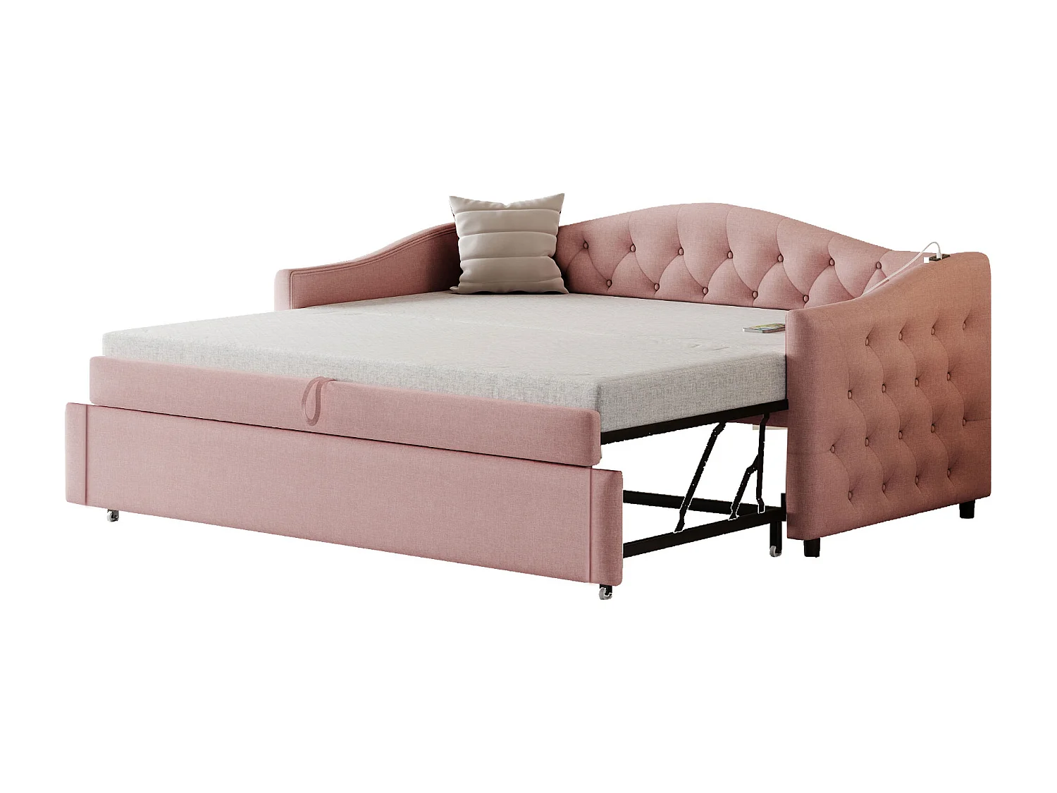 Linnen onderschuifbed 90x200cm & 90x190cm - met USB poort en lattenbodem - Roze