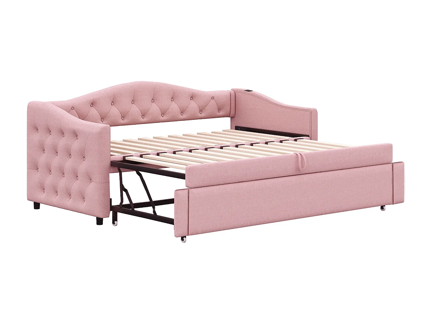 Linnen onderschuifbed 90x200cm & 90x190cm - met USB poort en lattenbodem - Roze