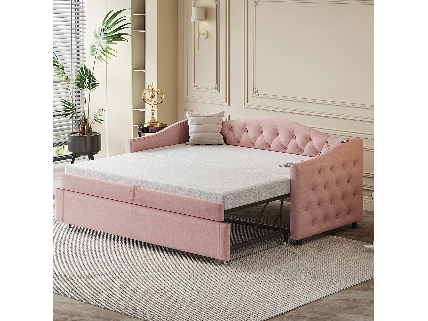 Linnen onderschuifbed 90x200cm & 90x190cm - met USB poort en lattenbodem - Roze