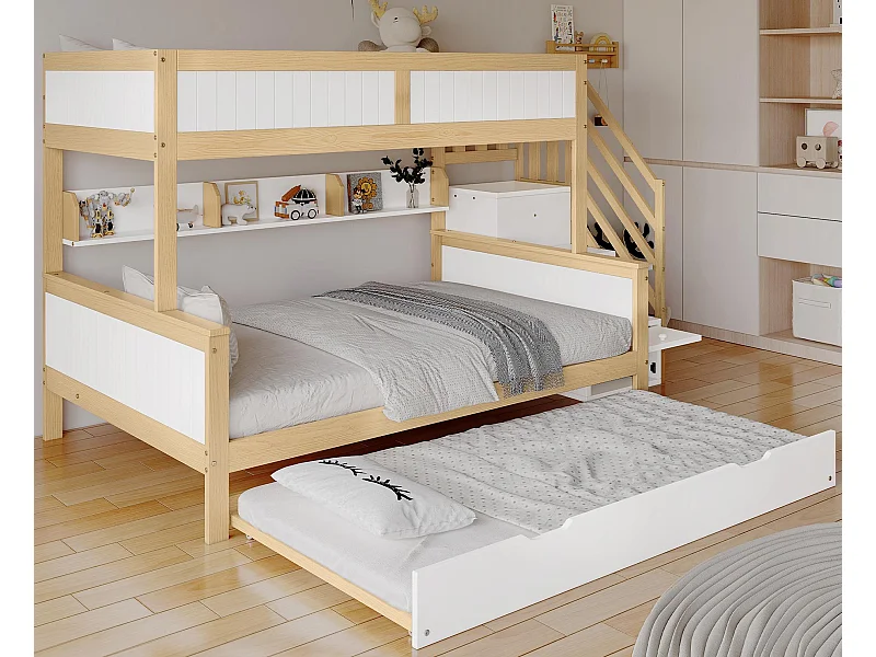 Beliche 90x200cm + 120x200cm + cama de gavetão 90x190cm - com prateleiras, roupeiro e escada de arrumação - em madeira de pinho e MDF - Branco & Natural