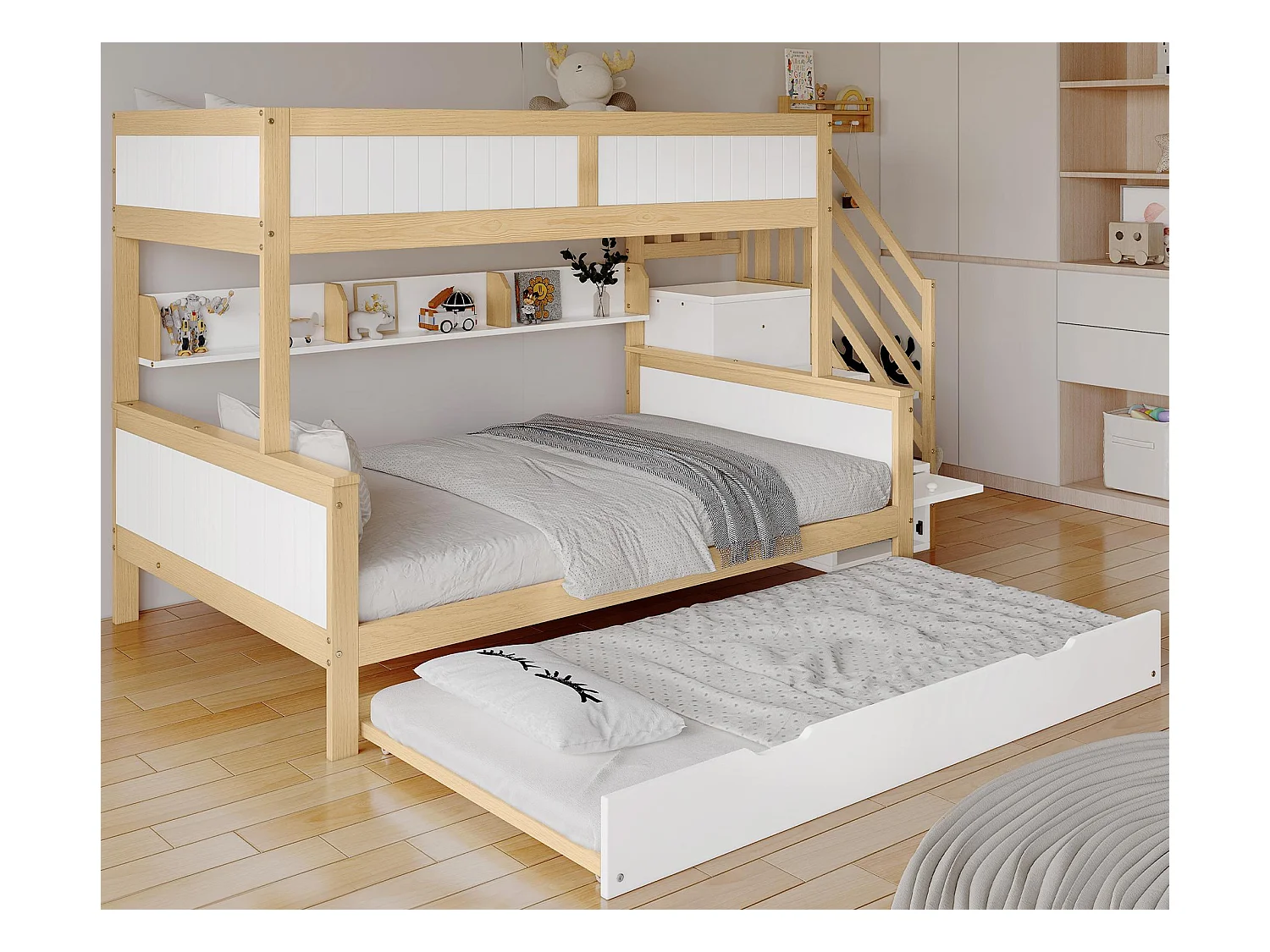 Lit superposé 90x200cm + 120x200cm + lit gigogne 90x190cm - avec étagères、penderie et escalier de rangement - en Bois de pin et MDF - Blanc & Naturel