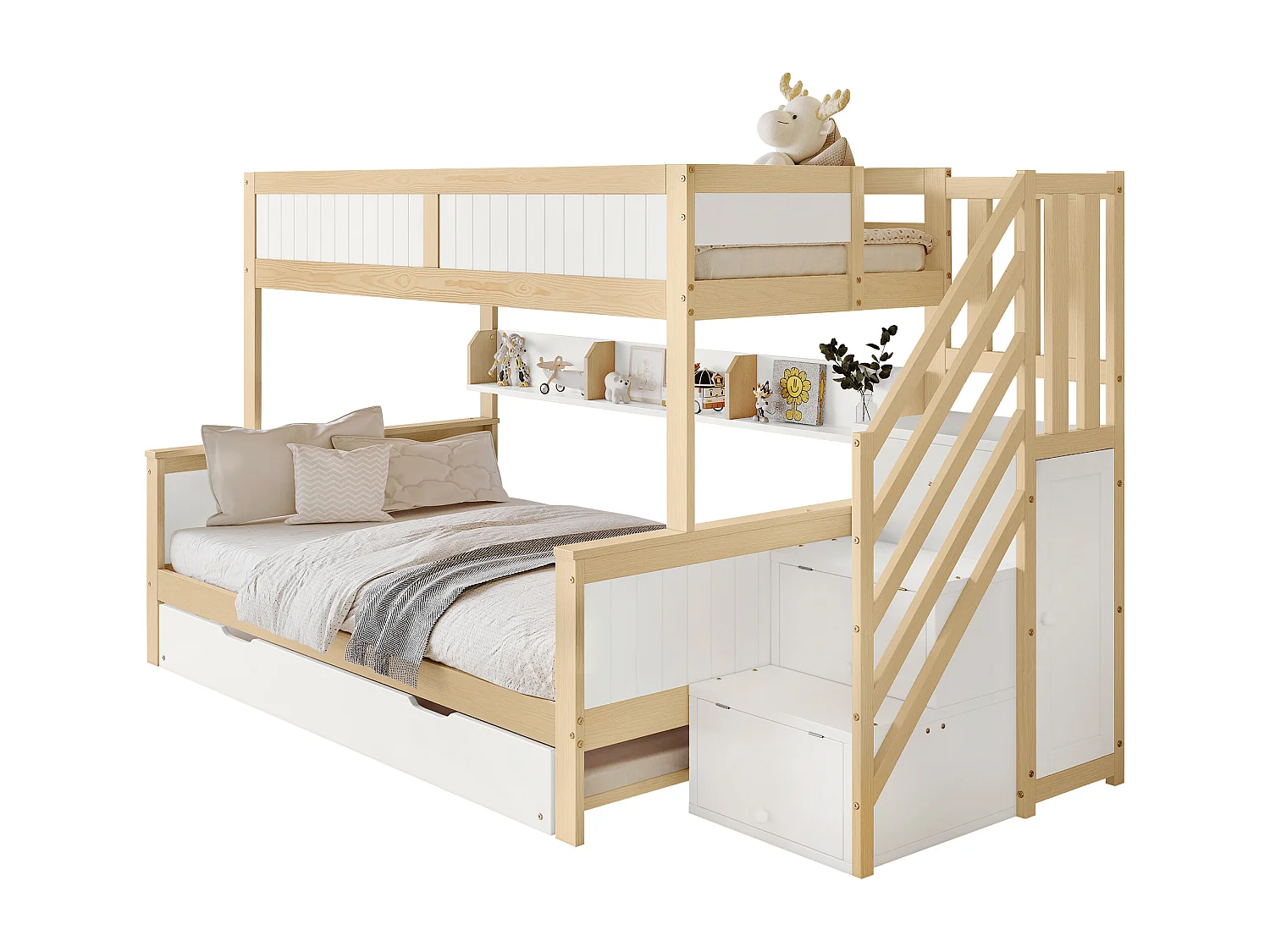 Lit superposé 90x200cm + 120x200cm + lit gigogne 90x190cm - avec étagères、penderie et escalier de rangement - en Bois de pin et MDF - Blanc & Naturel