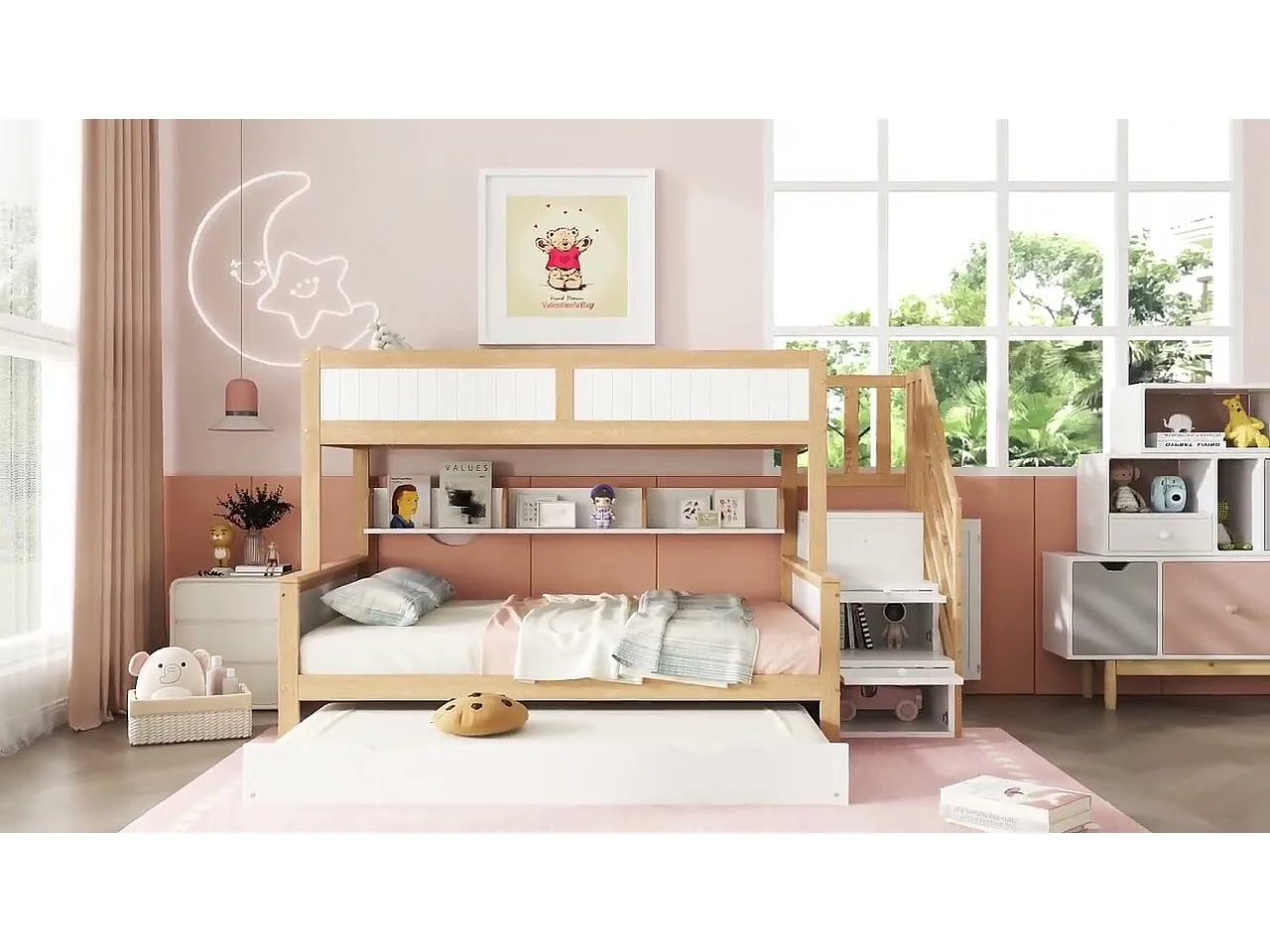 Lit superposé 90x200cm + 120x200cm + lit gigogne 90x190cm - avec étagères、penderie et escalier de rangement - en Bois de pin et MDF - Blanc & Naturel