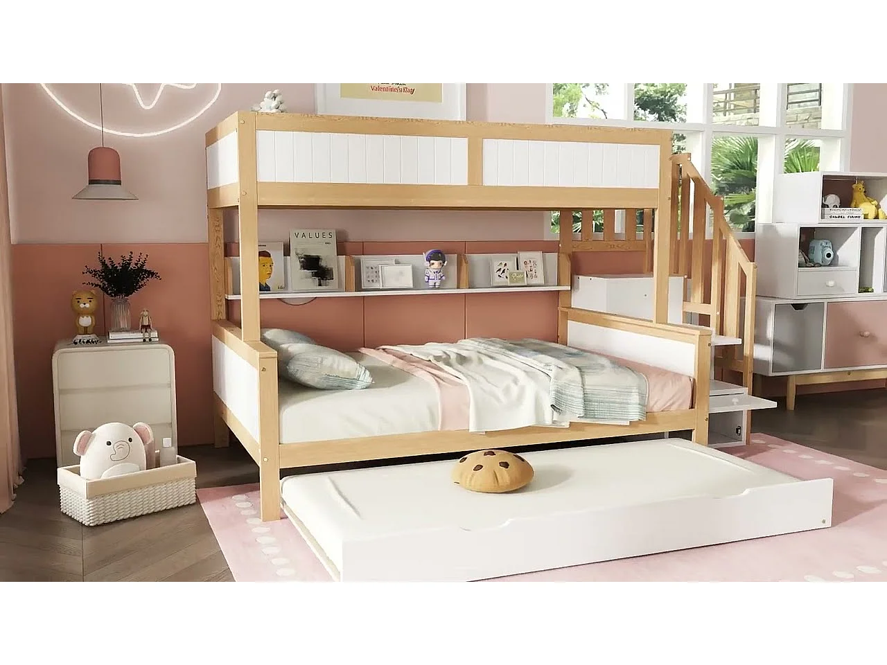Lit superposé 90x200cm + 120x200cm + lit gigogne 90x190cm - avec étagères、penderie et escalier de rangement - en Bois de pin et MDF - Blanc & Naturel