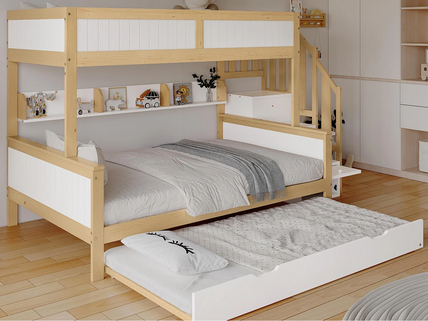 Lit superposé 90x200cm + 120x200cm + lit gigogne 90x190cm - avec étagères、penderie et escalier de rangement - en Bois de pin et MDF - Blanc & Naturel