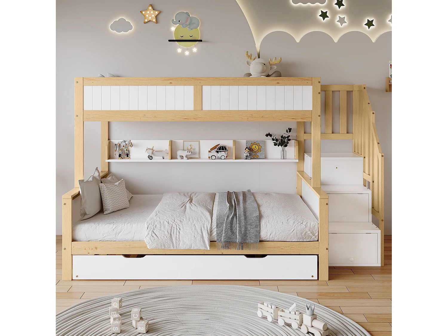 Lit superposé 90x200cm + 120x200cm + lit gigogne 90x190cm - avec étagères、penderie et escalier de rangement - en Bois de pin et MDF - Blanc & Naturel