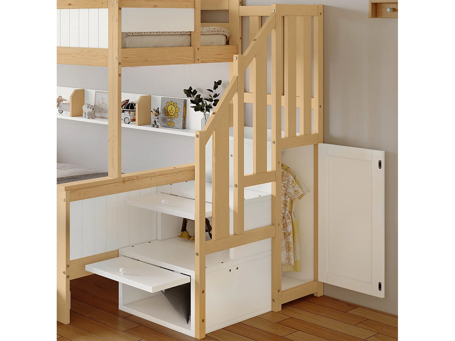 Lit superposé 90x200cm + 120x200cm + lit gigogne 90x190cm - avec étagères、penderie et escalier de rangement - en Bois de pin et MDF - Blanc & Naturel