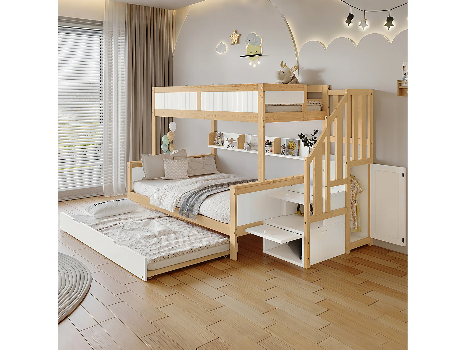 Lit superposé 90x200cm + 120x200cm + lit gigogne 90x190cm - avec étagères、penderie et escalier de rangement - en Bois de pin et MDF - Blanc & Naturel