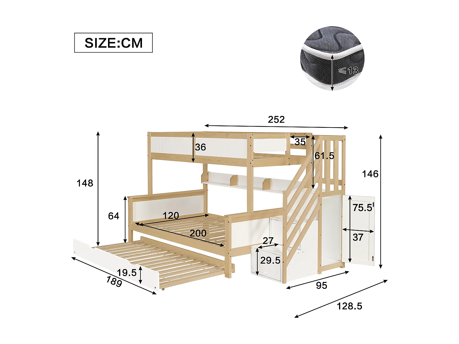 Lit superposé 90x200cm + 120x200cm + lit gigogne 90x190cm - avec étagères、penderie et escalier de rangement - en Bois de pin et MDF - Blanc & Naturel