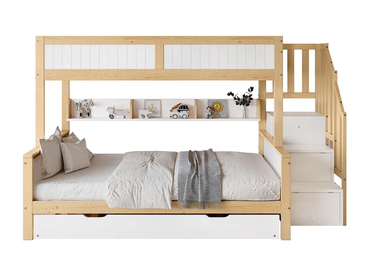 Lit superposé 90x200cm + 120x200cm + lit gigogne 90x190cm - avec étagères、penderie et escalier de rangement - en Bois de pin et MDF - Blanc & Naturel