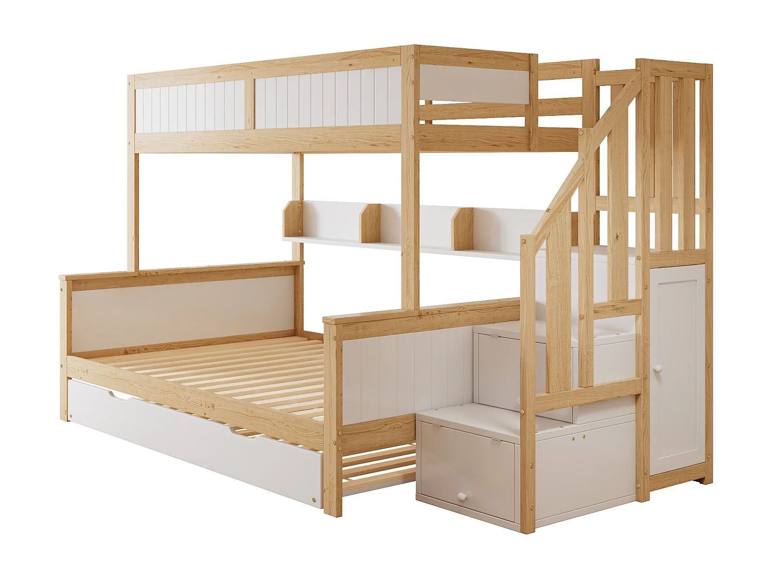 Lit superposé 90x200cm + 120x200cm + lit gigogne 90x190cm - avec étagères、penderie et escalier de rangement - en Bois de pin et MDF - Blanc & Naturel