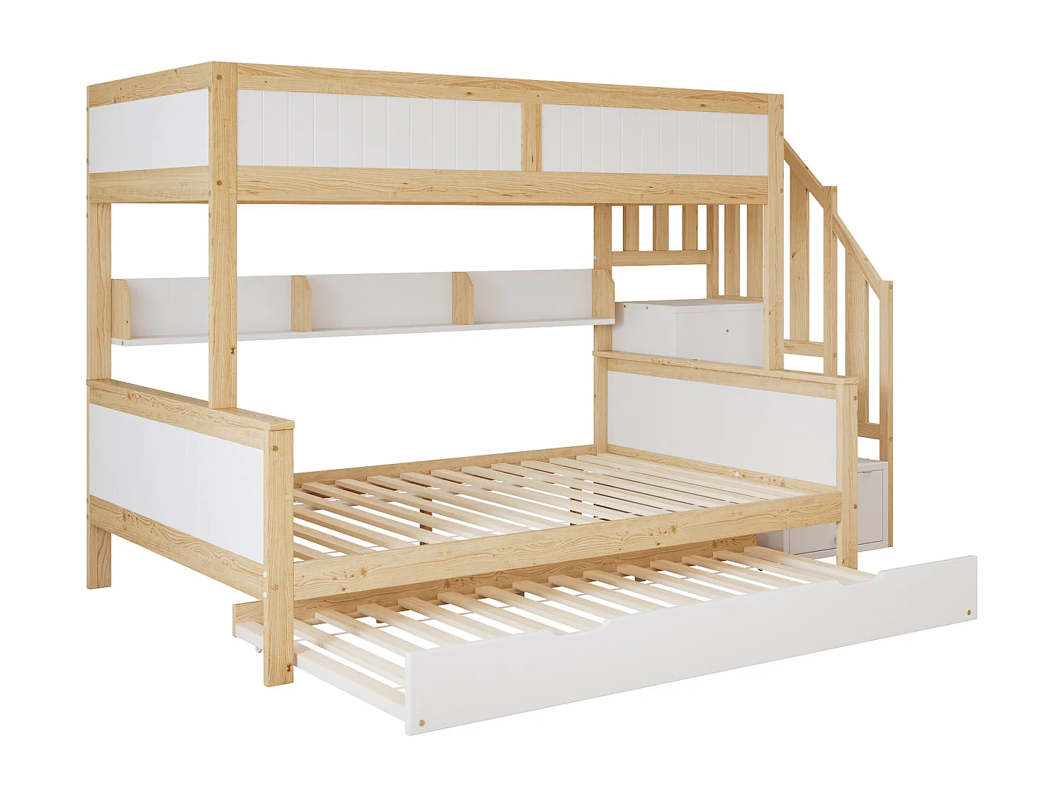 Lit superposé 90x200cm + 120x200cm + lit gigogne 90x190cm - avec étagères、penderie et escalier de rangement - en Bois de pin et MDF - Blanc & Naturel