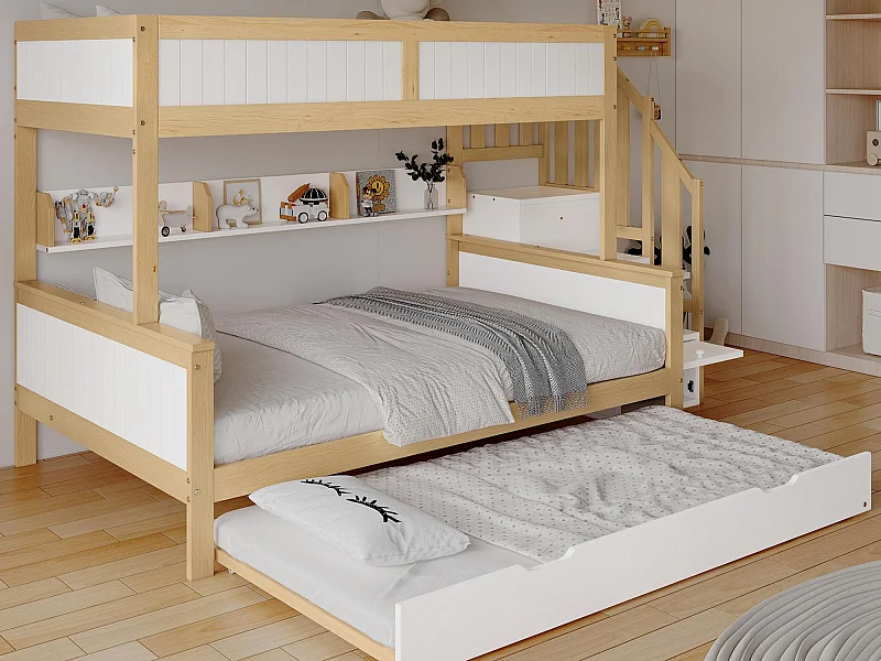 Beliche 90x200cm + 120x200cm + cama de gavetão 90x190cm - com prateleiras, roupeiro e escada de arrumação - em madeira de pinho e MDF - Branco & Natural