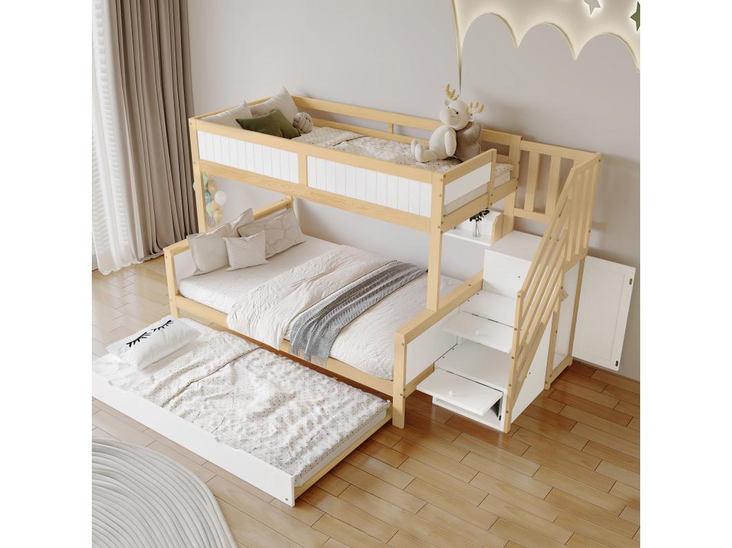 Stapelbed 90x200cm + 120x200cm + onderschuifbed 90x190cm - met planken, kledingkast en opbergtrap - in grenenhout en MDF - Wit & Naturel