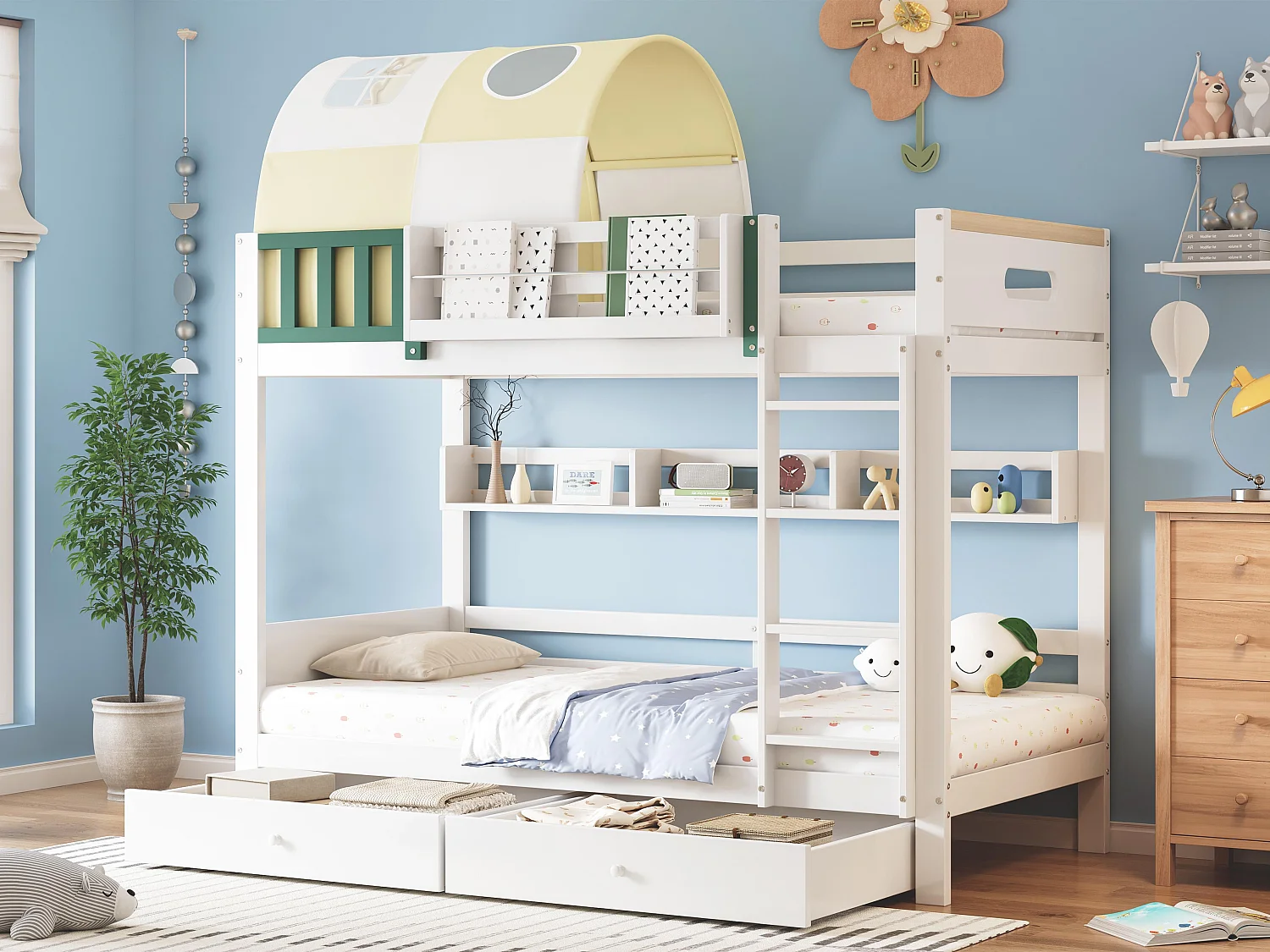 Houten stapelbed 90x200cm - met ladder en 2 laden op wielen - Wit