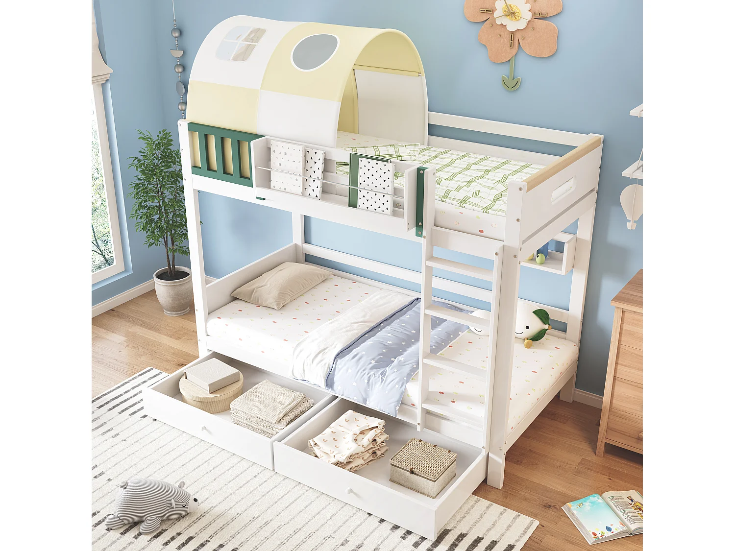 Houten stapelbed 90x200cm - met ladder en 2 laden op wielen - Wit