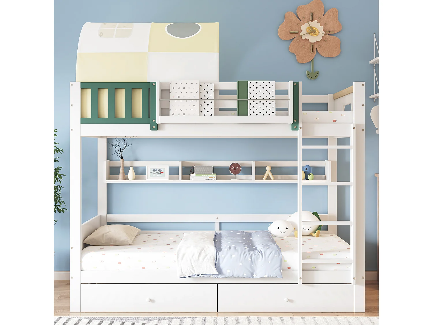 Houten stapelbed 90x200cm - met ladder en 2 laden op wielen - Wit