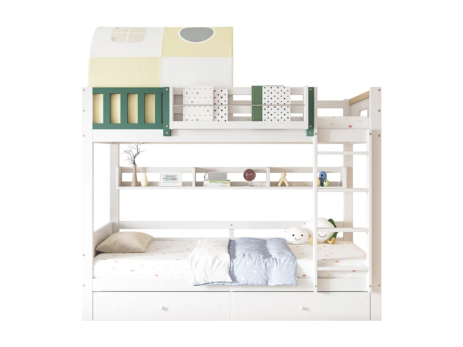 Houten stapelbed 90x200cm - met ladder en 2 laden op wielen - Wit