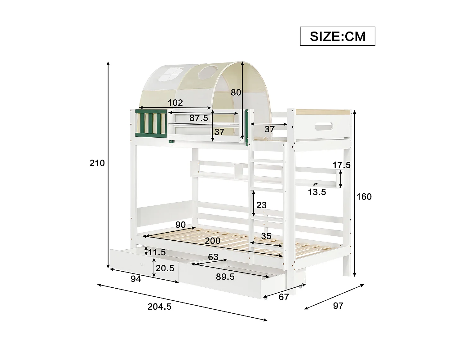 Houten stapelbed 90x200cm - met ladder en 2 laden op wielen - Wit