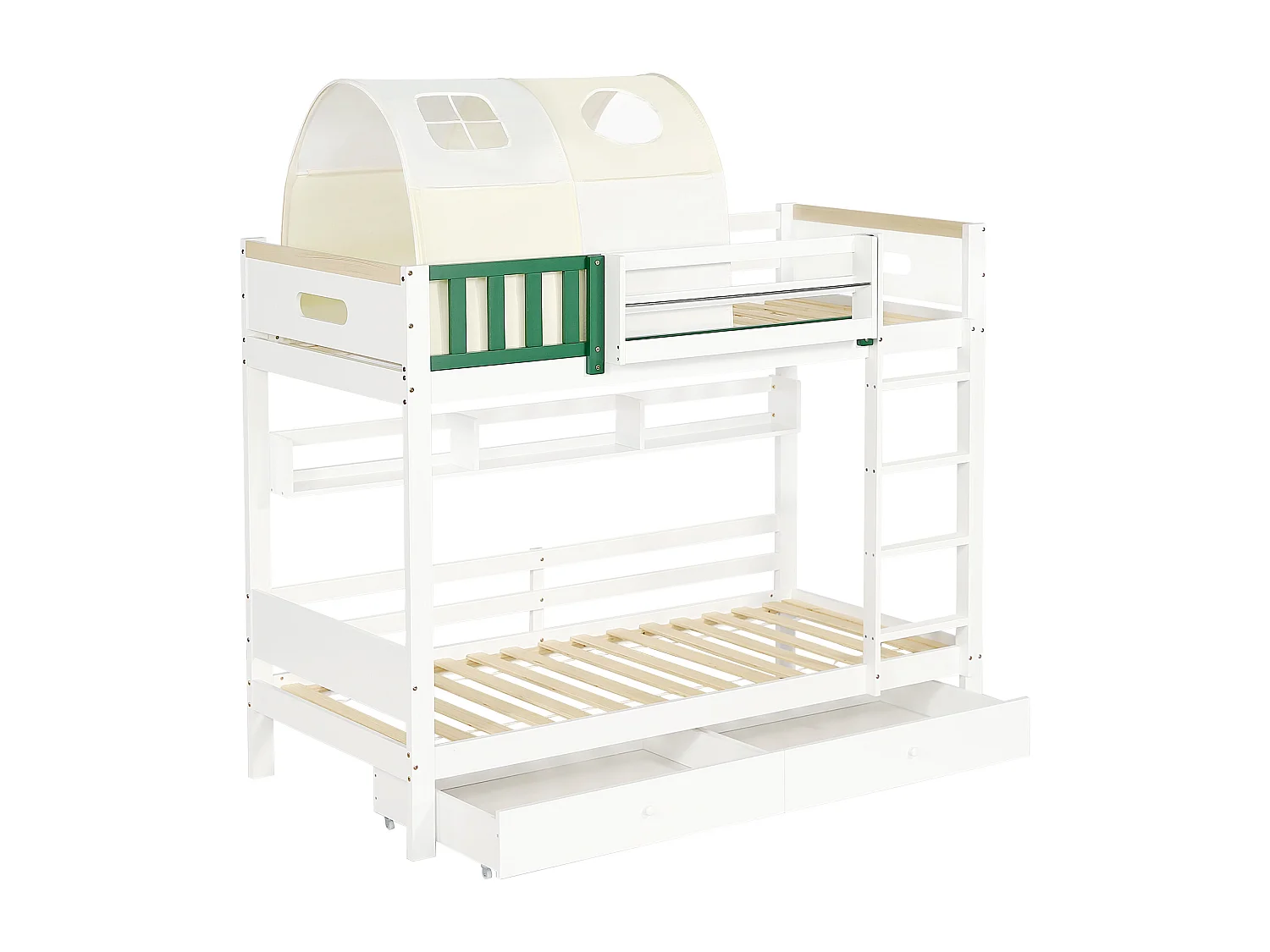 Houten stapelbed 90x200cm - met ladder en 2 laden op wielen - Wit