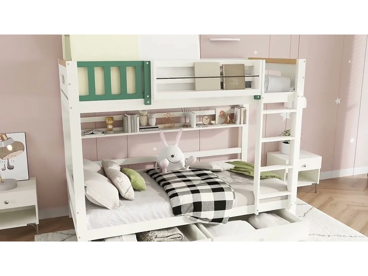 Houten stapelbed 90x200cm - met ladder en 2 laden op wielen - Wit