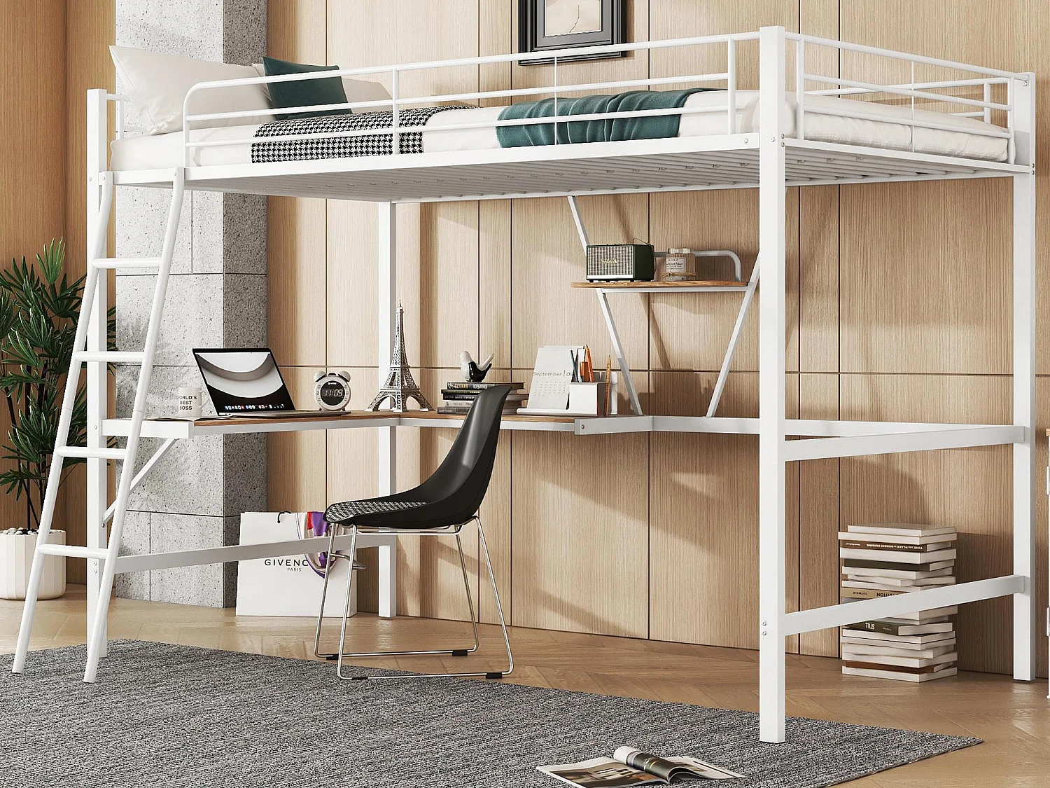 Hochbett aus Eisen – 90 x 200 cm – mit Eckschreibtisch und Regal – Weiß