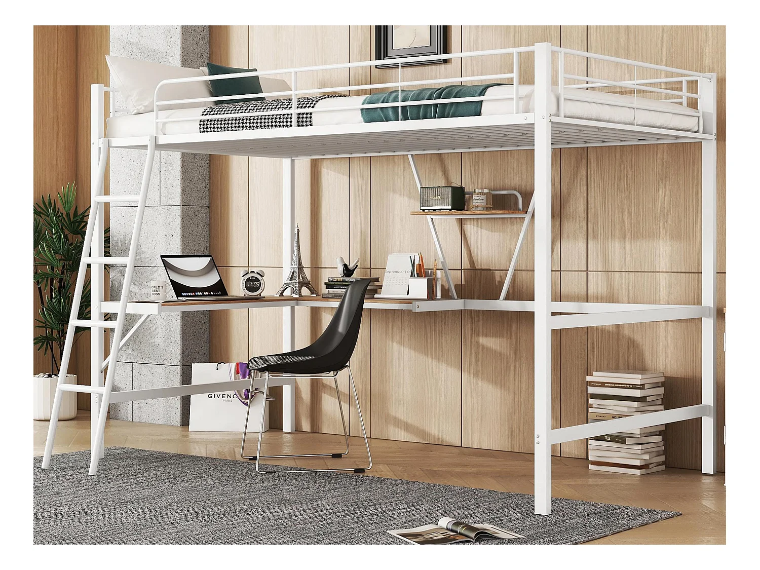 Lit mezzanine en fer - 90x200cm - avec bureau d'angle et une étagère - Blanc
