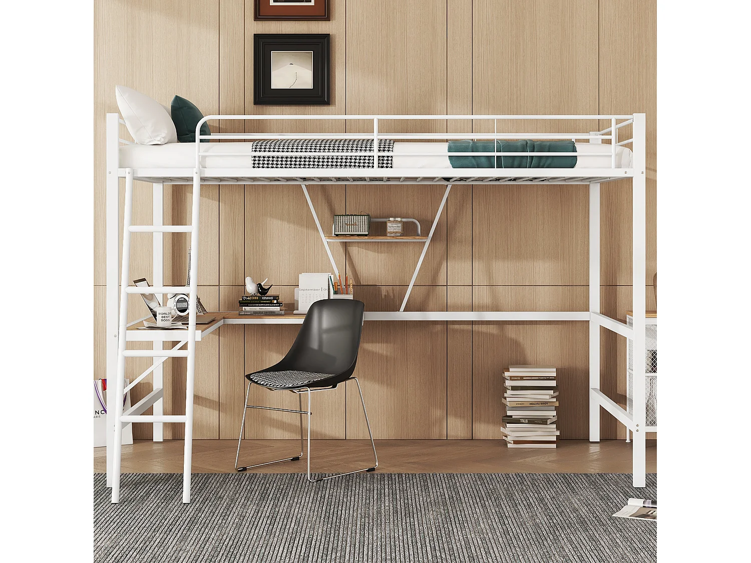 Cama entrepiso de hierro - 90x200 cm - con escritorio esquinero y estante - Blanco