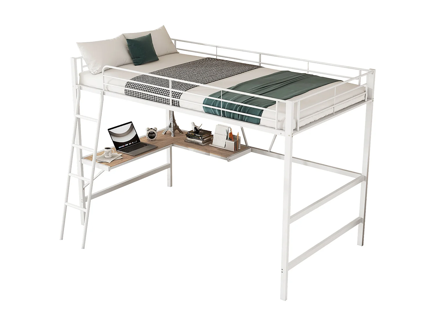 Lit mezzanine en fer - 90x200cm - avec bureau d'angle et une étagère - Blanc