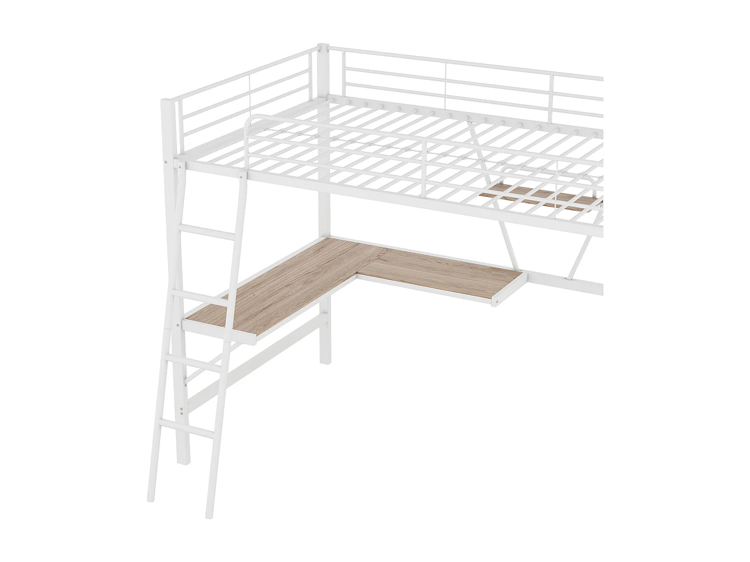 Lit mezzanine en fer - 90x200cm - avec bureau d'angle et une étagère - Blanc