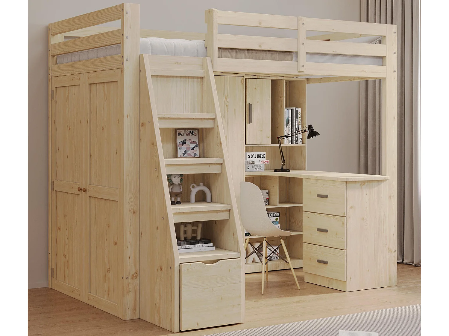 Hochbett aus Holz 90 x 200 cm – mit Kleiderschrank und Schublade – Natur